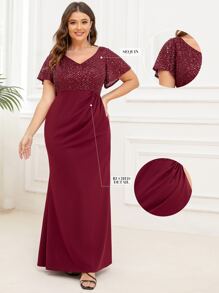 EVERPRETTY Plus Contrast Sequin Butterfly Sleeve Formal Gown - Burgundy - View 5