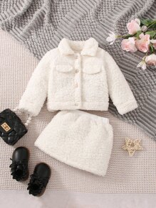 Baby Flap Detail Teddy Jacket & Skirt - White - View 1