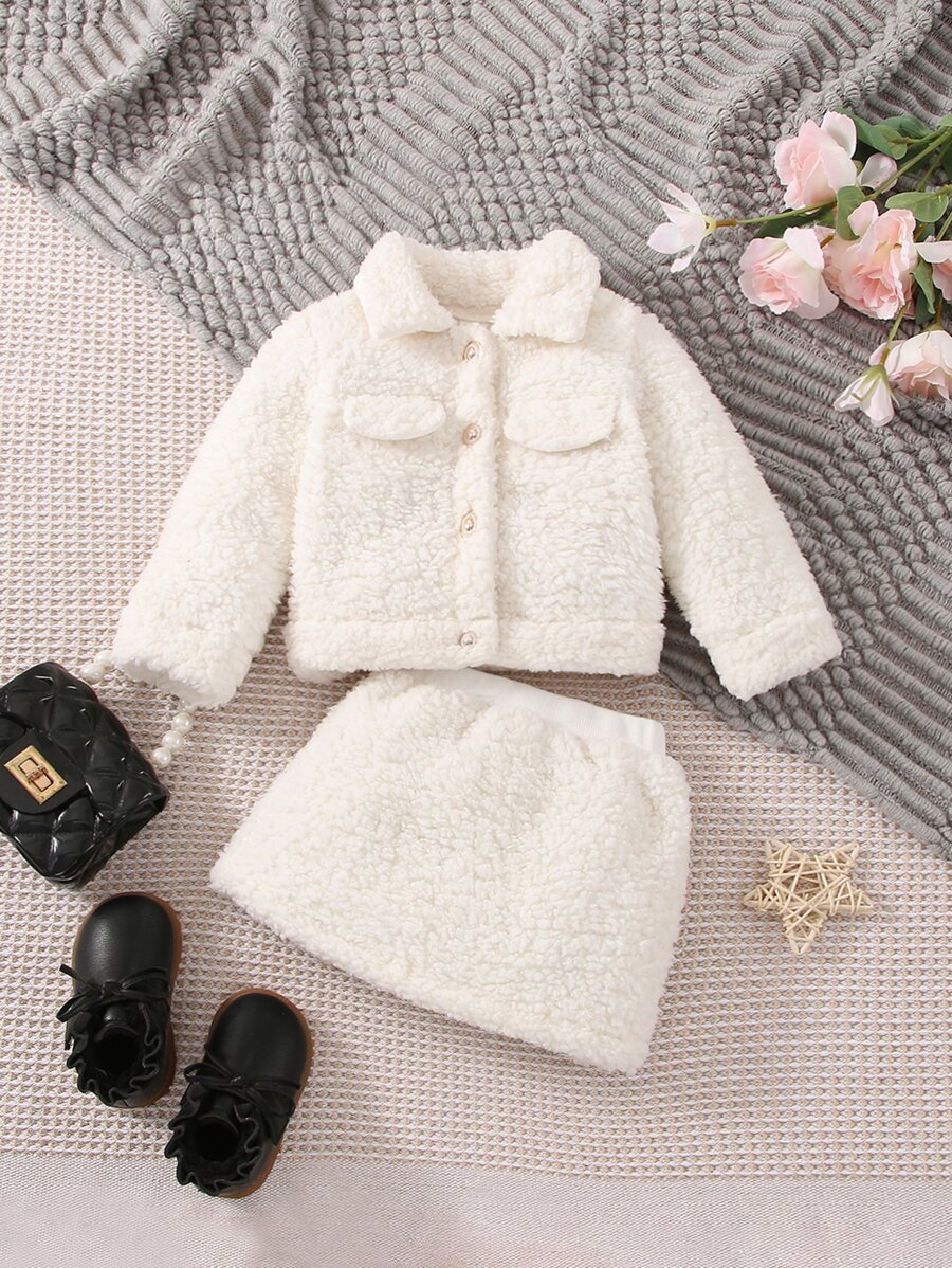 Baby Flap Detail Teddy Jacket & Skirt - White - View 1