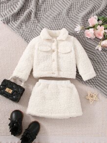 Baby Flap Detail Teddy Jacket & Skirt - White - View 6