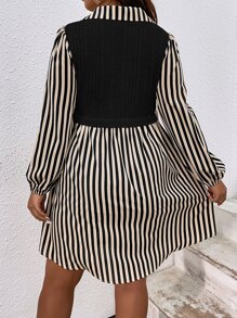 Flirla 大碼條紋印花假兩件連衣裙 - 黑色 - 查看 2