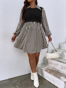 Flirla 大碼條紋印花假兩件連衣裙 - 黑色 - 查看 3