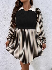 Flirla 大碼條紋印花假兩件連衣裙 - 黑色 - 查看 4