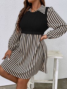 Flirla 大碼條紋印花假兩件連衣裙 - 黑色 - 查看 5