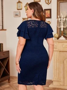 MIUSOL Plus Butterfly Sleeve Lace Bodycon Dress - Navy Blue - View 2