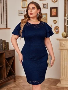 MIUSOL Plus Butterfly Sleeve Lace Bodycon Dress - Navy Blue - View 5