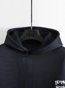 Manfinity Homme Sudadera Holgada De Hombre Con Capucha, Cordón Y Gráficos Con Consignas - Azul Marino - Ver 6