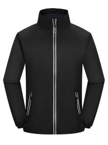 Men Zip Up Slant Pocket Teddy Lined Jacket - Black - View 1