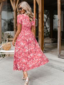 Simplee Floral Print Knot Cuff Split Thigh Dress - Pink - View 2