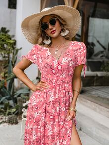 Simplee Floral Print Knot Cuff Split Thigh Dress - Pink - View 3