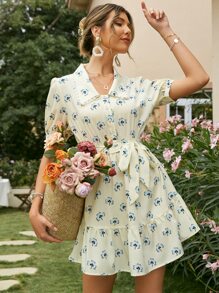 Simplee Floral Print Ruffle Hem Belted Dress - Multicolor - View 1