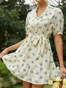 Simplee Floral Print Ruffle Hem Belted Dress - Multicolor - View 6