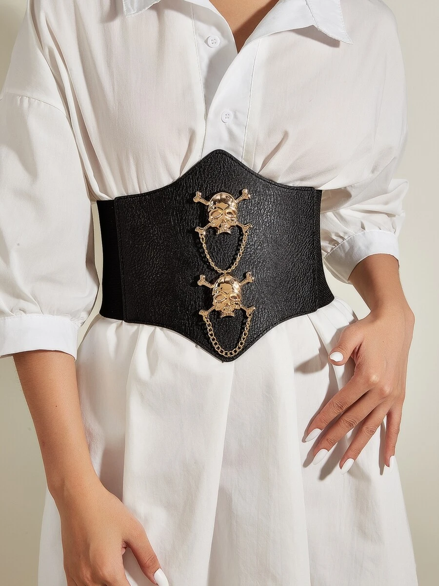 Skull Decor Corset Belt - Black - View 1