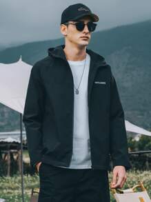 Hombres Cazadora con estampado de letra con cremallera con capucha - Negro - Ver 1