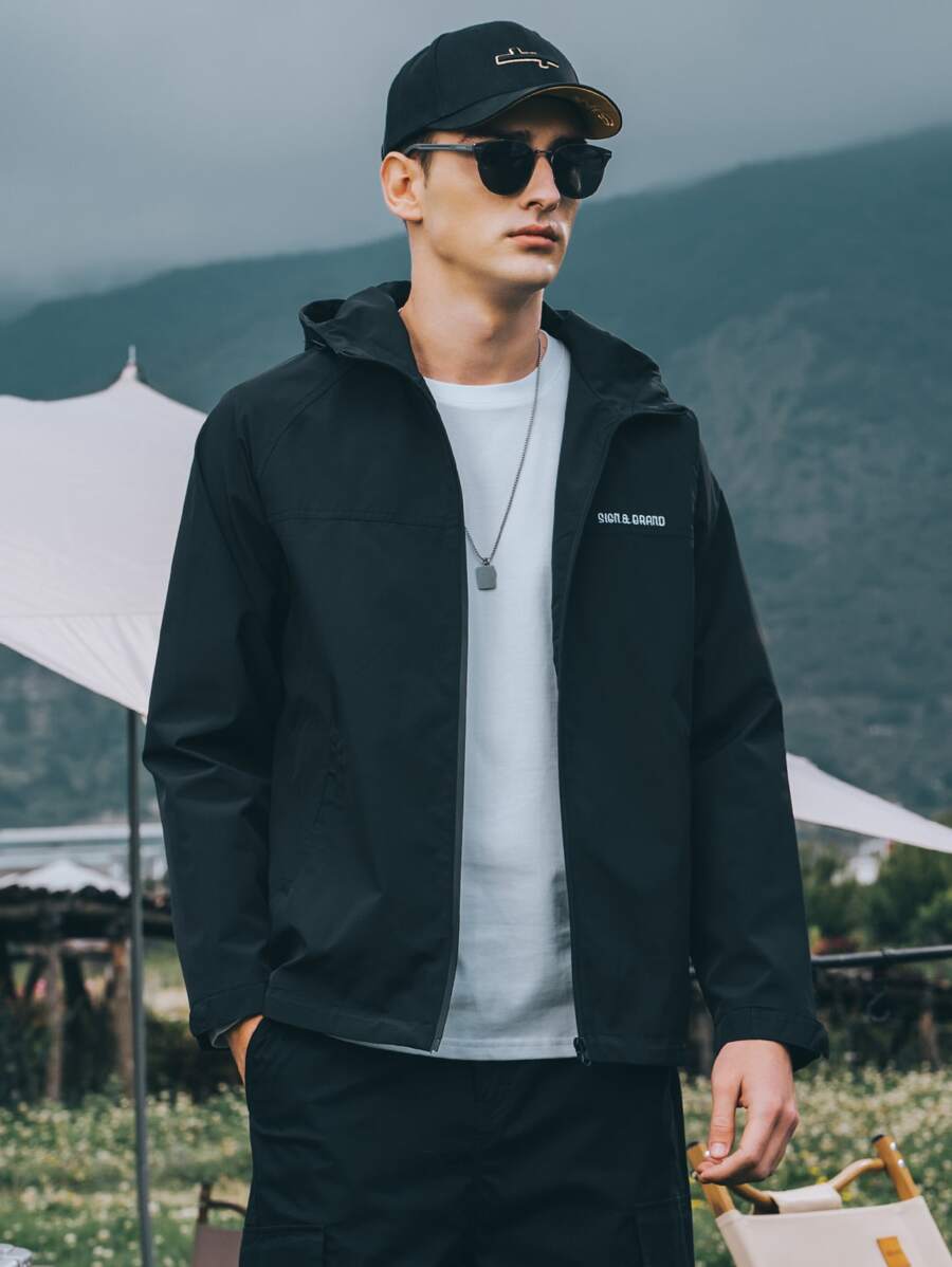 Hombres Cazadora con estampado de letra con cremallera con capucha - Negro - Ver 1