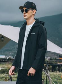 Hombres Cazadora con estampado de letra con cremallera con capucha - Negro - Ver 4