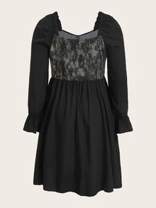 Plus Floral Print Flounce Sleeve Dress - Black - View 2