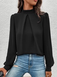 EMERY ROSE Women's Solid Color Stand Collar Puff Sleeve Pleated Casual Shirt - Black - View 5