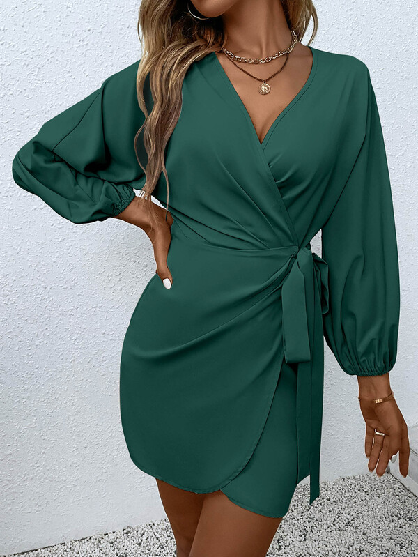 SHEIN Privé Surplice Neck Knot Wrap Dress SHEIN USA