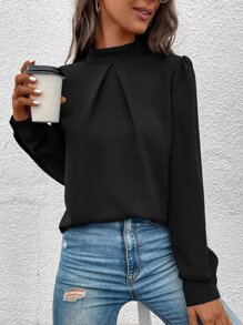 EMERY ROSE Women's Solid Color Stand Collar Puff Sleeve Pleated Casual Shirt - Black - View 4