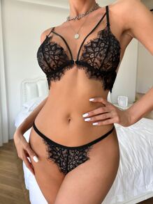 Floral Lace Harness Lingerie Set - Black - View 1