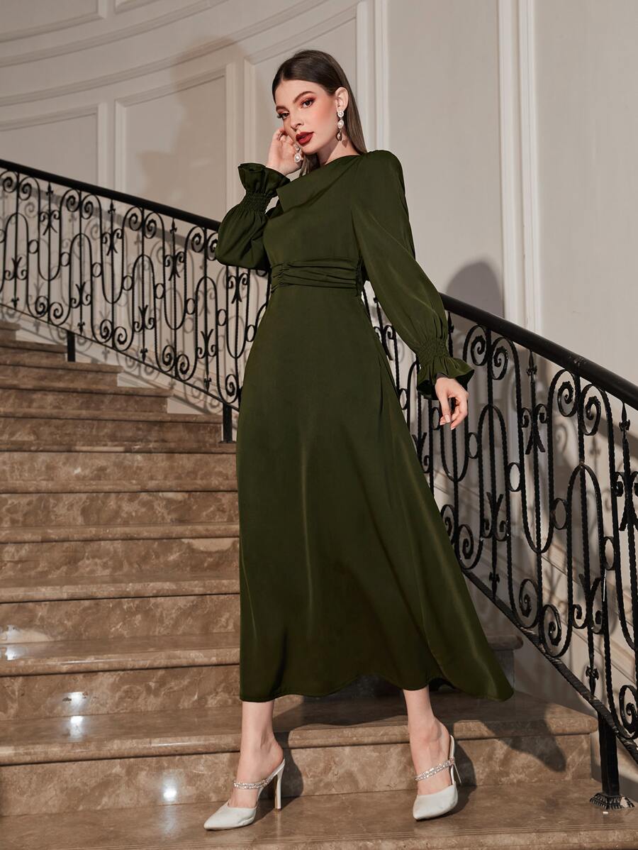 Modelyn Flounce Sleeve Belted Dress - Army Green - View 1