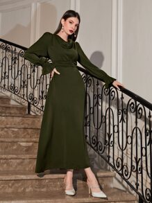 Modelyn Flounce Sleeve Belted Dress - Army Green - View 4