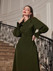 Modelyn Flounce Sleeve Belted Dress - Army Green - View 3