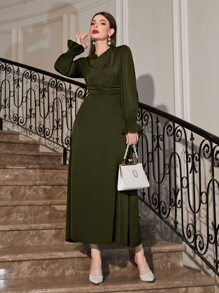 Modelyn Flounce Sleeve Belted Dress - Army Green - View 5
