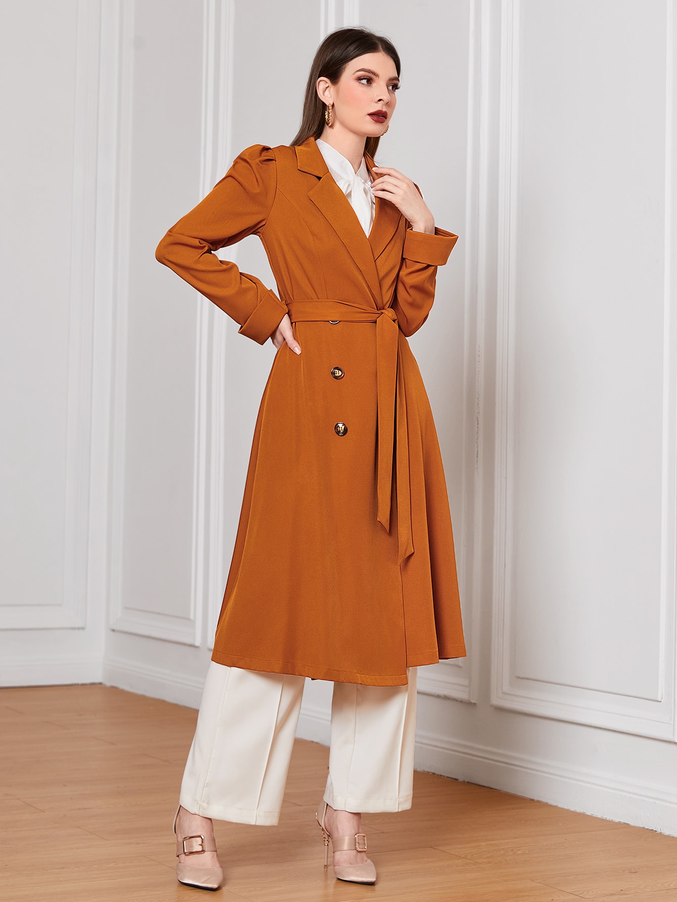SHEIN Essnce Lapel Collar Puff Sleeve Belted Trench Coat SHEIN USA