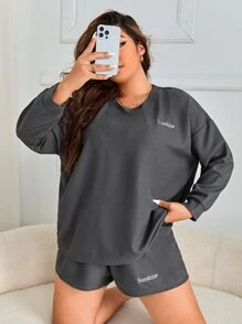 Plus Letter Graphic Drop Shoulder PJ Set - Dark Grey - View 1