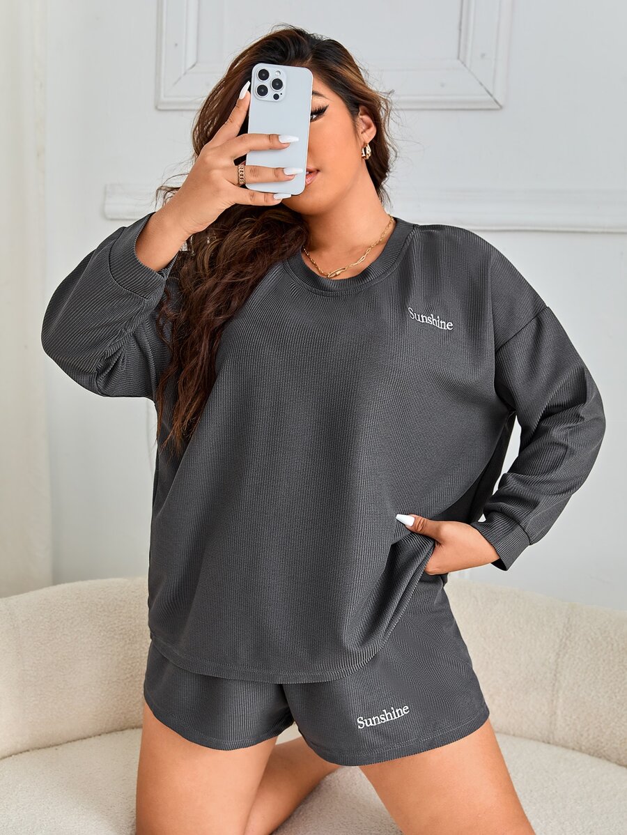 Plus Letter Graphic Drop Shoulder PJ Set - Dark Grey - View 1