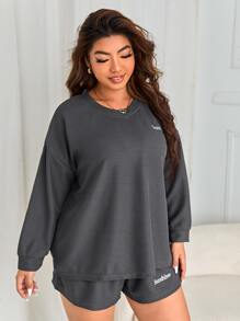 Plus Letter Graphic Drop Shoulder PJ Set - Dark Grey - View 3