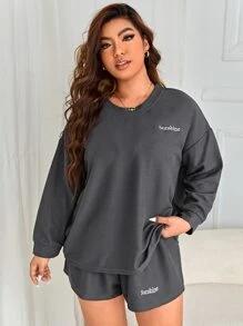 Plus Letter Graphic Drop Shoulder PJ Set - Dark Grey - View 4