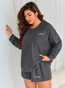 Plus Letter Graphic Drop Shoulder PJ Set - Dark Grey - View 5