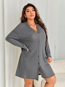 Plus Drop Shoulder Waffle Knit Robe - Grey - View 4