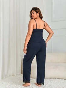 Conjunto de pijama con camiseta de tirantes de encaje de contraste y pantalones - Azul Marino - Ver 2