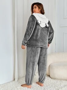 大碼字母刺繡3D耳朵設計連帽絨布睡衣套裝