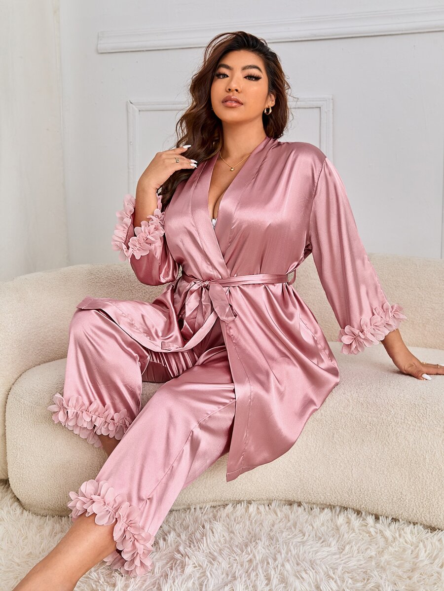 Conjunto de pijama pantalones con bata de satén con cinturón con aplique - Rosa vieja - Ver 1