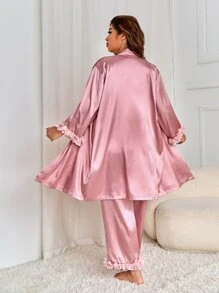 Conjunto de pijama pantalones con bata de satén con cinturón con aplique - Rosa vieja - Ver 2