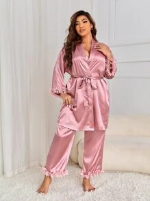 Conjunto de pijama pantalones con bata de satén con cinturón con aplique - Rosa vieja - Ver 4