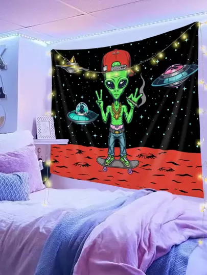 1pc Alien Pattern Tapestry, Cartoon Planet & Spaceship Print Hanging Blanket For Home Decoration, Flag For Room, Room Decor, Tapestry, Wall Decor, Wall Art, Room Stuffs, Flags For Room, Tapestry Wall Tapestry
