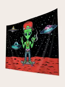 1pc Alien Pattern Tapestry, Cartoon Planet & Spaceship Print Hanging Blanket For Home Decoration, Flag For Room, Room Decor, Tapestry, Wall Decor, Wall Art, Room Stuffs, Flags For Room, Tapestry Wall Tapestry - Multicolor - View 2