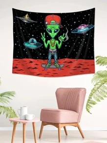 1pc Alien Pattern Tapestry, Cartoon Planet & Spaceship Print Hanging Blanket For Home Decoration, Flag For Room, Room Decor, Tapestry, Wall Decor, Wall Art, Room Stuffs, Flags For Room, Tapestry Wall Tapestry - Multicolor - View 4
