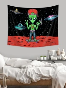 1pc Alien Pattern Tapestry, Cartoon Planet & Spaceship Print Hanging Blanket For Home Decoration, Flag For Room, Room Decor, Tapestry, Wall Decor, Wall Art, Room Stuffs, Flags For Room, Tapestry Wall Tapestry - Multicolor - View 5