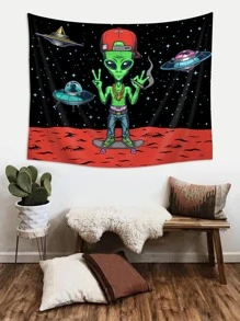 1pc Alien Pattern Tapestry, Cartoon Planet & Spaceship Print Hanging Blanket For Home Decoration, Flag For Room, Room Decor, Tapestry, Wall Decor, Wall Art, Room Stuffs, Flags For Room, Tapestry Wall Tapestry - Multicolor - View 6