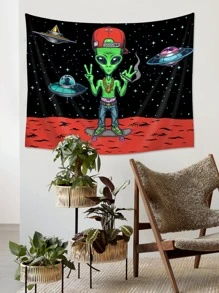 1pc Alien Pattern Tapestry, Cartoon Planet & Spaceship Print Hanging Blanket For Home Decoration, Flag For Room, Room Decor, Tapestry, Wall Decor, Wall Art, Room Stuffs, Flags For Room, Tapestry Wall Tapestry - Multicolor - View 7