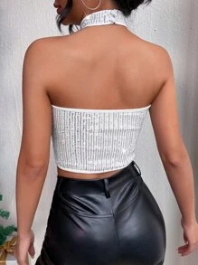 SHEIN BAE Backless Sequin Halter Top - Silver - View 2