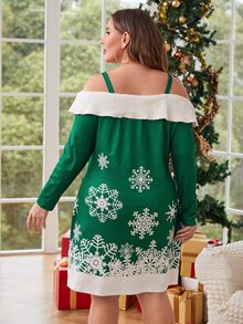 SHEIN Clasi Plus Christmas Print Fuzzy Trim Cold Shoulder Dress - Dark Green - View 2