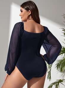 SHEIN Privé 大碼雞心領口燈籠袖前繫帶連身背心 - 藏蓝色 - 查看 2